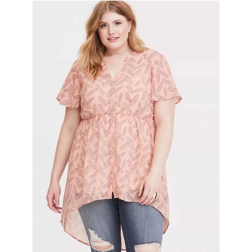 NWT Torrid Pink Feathers Lexie Babydoll Hi-Low Chiffon Tunic Size 1 - 1x